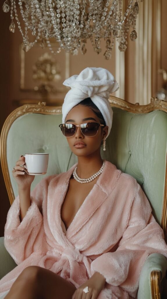 Elegant woman in a luxury robe sipping tea in a spa setting